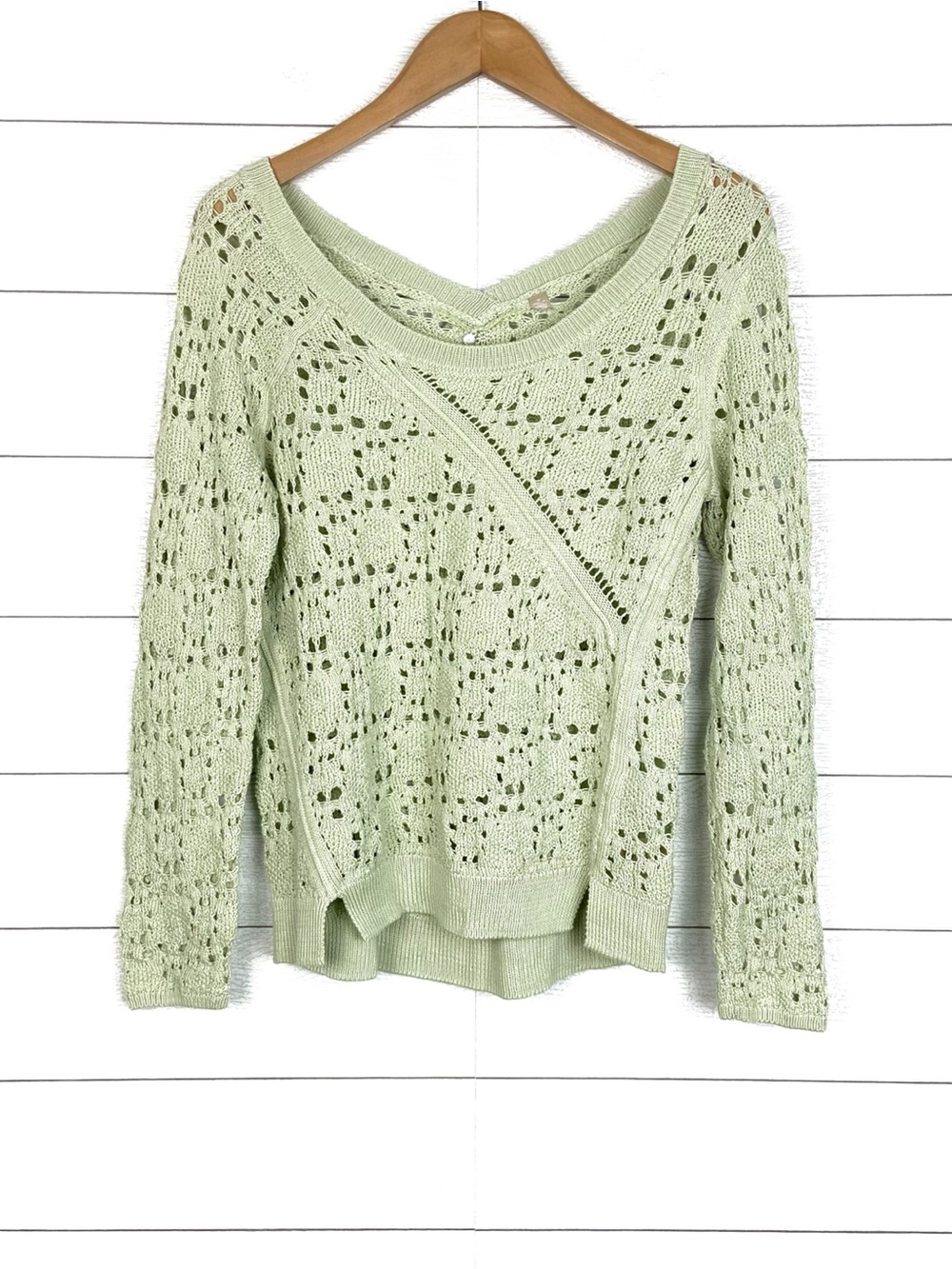 KNITTED and KNOTTED Crochet Open Knit Sweater Mint Green Anthropologie Medium